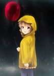 1boy 1girl balloon blue_eyes brown_hair commentary_request from_behind highres idolmaster idolmaster_million_live! it_(stephen_king) kaiga looking_at_viewer pennywise rain raincoat short_hair suou_momoko yellow_coat 