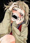  1girl :d blonde_hair blush boku_no_hero_academia cardigan fangs finger_in_mouth hands_on_own_face head_tilt highres knee_up looking_at_viewer messy_hair neckerchief open_mouth sano-dou sanpaku school_uniform serafuku slit_pupils smile solo toga_himiko upper_body yandere_trance yellow_eyes 