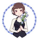  1girl blush braid brown_hair crown_braid do_m_kaeru flower looking_at_viewer niijima_makoto persona persona_5 red_eyes short_hair smile solo 