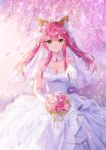  1girl animal_ears bare_shoulders bouquet breasts bridal_veil bride cleavage collarbone dress elbow_gloves fate/grand_order fate_(series) flower formal fox_ears gloves guaizi hair_flower hair_ornament highres jewelry large_breasts necklace pink_hair rose solo strapless strapless_dress suit tamamo_(fate)_(all) tamamo_no_mae_(fate) veil wedding wedding_dress white_dress white_gloves yellow_eyes 