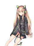  1girl absurdres animal_ears arm_support bangs black_jacket black_leotard blonde_hair blush bow cat_ear_headphones cat_ears cat_tail character_name closed_mouth eyebrows_visible_through_hair girls_frontline green_bow hair_between_eyes headphones highres jacket leotard leotard_under_clothes long_hair long_sleeves sitting sobmarine solo tail tail_bow tmp_(girls_frontline) very_long_hair white_background 