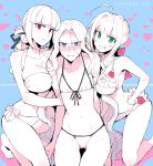  3girls ahoge bikini black_ribbon blue_eyes blush breasts cleavage dripping embarrassed fate/apocrypha fate/extra fate/grand_order fate_(series) florence_nightingale_(fate/grand_order) genderswap genderswap_(mtf) green_eyes grin hair_ribbon hand_on_hip heart heart_background koshiro_itsuki long_hair looking_at_viewer multiple_girls nero_claudius_(fate) nero_claudius_(fate)_(all) partially_colored red_eyes ribbon saber_extra smile sweat sweating swimsuit very_long_hair vlad_iii_(fate/apocrypha) 