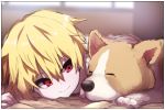  1boy animal bangs blonde_hair blurry blurry_background child child_gilgamesh closed_eyes closed_mouth depth_of_field dog eyebrows_visible_through_hair fate/grand_order fate/hollow_ataraxia fate_(series) gilgamesh hair_between_eyes looking_away looking_to_the_side male_focus red_eyes smile solo tongue tongue_out wada_kazu young younger 