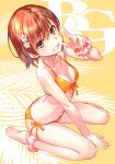  1girl ankle_scrunchie barefoot bikini breasts brown_eyes brown_hair front-tie_top grin looking_at_viewer misaka_mikoto orange_bikini raika9 scrunchie short_hair side-tie_bikini sitting small_breasts smile solo swimsuit to_aru_kagaku_no_railgun to_aru_majutsu_no_index wariza wrist_scrunchie 