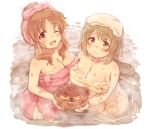  2girls 7010 ;d bangs basket blush breasts brown_eyes brown_hair cleavage commentary_request eyebrows_visible_through_hair floral_print food heart heart_print idolmaster idolmaster_cinderella_girls large_breasts looking_at_viewer mimura_kanako muffin multiple_girls naked_towel one_eye_closed onsen open_mouth partially_submerged pink_towel short_hair smile totoki_airi towel towel_on_head water wet yellow_towel 