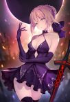  artoria_pendragon_(all) bare_shoulders breasts dark_excalibur eclipse fate/grand_order fate/stay_night fate_(series) gloves hair_bun hair_ribbon haishiki highres open_mouth ribbon saber saber_alter skirt sword thigh-highs weapon yellow_eyes 