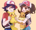  1boy 1girl ^_^ ankea_(a-ramo-do) backpack bag baseball_cap black_hair brown_hair carrying closed_eyes cowboy_shot eevee female_protagonist_(pokemon_lgpe) gen_1_pokemon grin hat looking_at_another male_protagonist_(pokemon_lgpe) open_mouth pikachu pokemon pokemon_(creature) pokemon_(game) pokemon_lgpe ponytail short_sleeves shorts simple_background smile yellow_background 