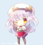  1girl ;) ajax_(azur_lane) azur_lane beret black_bow black_footwear black_legwear blue_background blush bow brown_eyes capelet chibi closed_mouth detached_sleeves full_body hand_up hat hat_bow kouu_hiyoyo long_hair long_sleeves looking_at_viewer one_eye_closed pantyhose pleated_skirt red_skirt shirt silver_hair skirt smile solo standing twitter_username two_side_up very_long_hair white_capelet white_hat white_shirt 