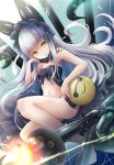  1girl :p ass azur_lane bangs bare_arms bare_shoulders black_panties breasts closed_mouth commentary_request dutch_angle eyebrows_visible_through_hair hair_between_eyes head_tilt highres long_hair looking_at_viewer navel panties renka_(cloudsaikou) silver_hair siren_(azur_lane) siren_observer_(azur_lane) sitting small_breasts smile solo tentacle tongue tongue_out underwear very_long_hair yellow_eyes 