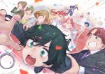  5boys 5girls absurdres black_hair breasts bridal_veil brown_hair cleavage confetti darling_in_the_franxx dress everyone eyebrows_visible_through_hair flower formal futoshi_(darling_in_the_franxx) gloves gorgeous_mushroom gorou_(darling_in_the_franxx) hair_flower hair_ornament highres hiro_(darling_in_the_franxx) horns ikuno_(darling_in_the_franxx) jewelry kokoro_(darling_in_the_franxx) lens_flare miku_(darling_in_the_franxx) mitsuru_(darling_in_the_franxx) multiple_boys multiple_girls open_mouth pink_hair ring running short_dress smile stairs suit veil wedding wedding_dress wedding_ring white_dress white_gloves zero_two_(darling_in_the_franxx) zorome_(darling_in_the_franxx) 