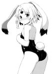  1girl :&lt; animal_ears arched_back ass back bangs bare_shoulders blush bunny_day bunny_girl bunny_tail bunnysuit closed_mouth collar commentary_request crystal eyebrows_visible_through_hair flat_chest forehead_jewel from_behind fur gem greyscale hands_up highres latex leotard looking_at_viewer looking_back medium_hair monmusume-harem monochrome namaru_(summer_dandy) nose_blush parted_bangs rabbit_ears rurie_(monmusume-harem) shiny shiny_clothes simple_background solo standing sweatdrop tail white_background 