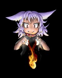  1girl absurdres bangs black_background closed_mouth collar dog_child_(doitsuken) doitsuken ears_down egg fang fang_out fire grey_shirt highres original purple_hair red_eyes shirt short_hair short_sleeves simple_background slit_pupils smile solo spiked_collar spikes upper_body 