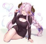  1girl blue_eyes blush breasts chokuro draph dress granblue_fantasy hair_over_one_eye large_breasts lavender_hair long_hair long_sleeves looking_at_viewer meme_attire narmaya_(granblue_fantasy) open-chest_sweater purple_hair ribbed_sweater smile solo sweater sweater_dress 