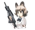  1girl absurdres african_wild_dog_(kemono_friends) african_wild_dog_print animal_ears bow bowtie brown_hair collared_shirt dog_ears dog_tail elbow_gloves eyebrows_visible_through_hair gloves gun highres kemono_friends light_brown_hair multicolored_hair omnisucker shirt short_hair short_sleeves solo tail weapon 