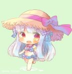  1girl :d azur_lane bangs bare_legs barefoot bikini blush bow chibi cygnet_(azur_lane) eyebrows_visible_through_hair full_body green_background hair_ornament hairclip hand_up hat hat_bow kouu_hiyoyo looking_at_viewer open_mouth orange_scrunchie plaid plaid_bikini plaid_bow purple_bikini purple_bow red_eyes scrunchie silver_hair smile solo standing standing_on_one_leg straw_hat swimsuit twitter_username wrist_scrunchie 
