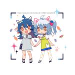  2girls :d animal_ears arm_up bangs bili_girl_22 bili_girl_33 bilibili_douga black_footwear blue_dress blue_hair blue_skirt blush carrot carrot_print cat_ears chibi dress eggplant eyebrows_visible_through_hair food food_print food_themed_hair_ornament fruit green_shirt grey_legwear hair_between_eyes hair_ornament hairclip hand_holding multiple_girls open_mouth parted_lips pink_eyes pleated_skirt polka_dot polka_dot_legwear print_legwear prophet_chu puffy_short_sleeves puffy_sleeves shirt short_sleeves skirt smile socks sparkle standing strawberry_hair_ornament striped thigh-highs vertical-striped_dress vertical_stripes watermelon whisker_markings white_background white_legwear 