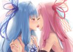  2girls bare_shoulders blue_hair blue_ribbon closed_eyes commentary_request detached_sleeves doonatsu. fingernails french_kiss hair_intakes hair_ribbon hand_on_another&#039;s_shoulder kiss kotonoha_akane kotonoha_aoi long_hair long_sleeves multiple_girls pink_hair profile red_ribbon ribbon simple_background tears tongue tongue_out very_long_hair violet_eyes voiceroid white_background yuri 