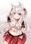  1girl :3 azur_lane bangs bare_shoulders blush breasts bridal_gauntlets cleavage closed_mouth commentary_request eyebrows_visible_through_hair fingernails flower gradient gradient_background grey_background groin hair_between_eyes hair_flower hair_ornament highres large_breasts long_fingernails long_hair nail_polish navel panties pleated_skirt red_collar red_eyes red_flower red_nails red_skirt sarashi setu_(shining12) sharp_fingernails side-tie_panties silver_hair skirt solo thick_eyebrows underwear very_long_hair white_background white_flower white_panties yuudachi_(azur_lane) 