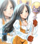  0014go 1girl breasts brown_hair cleavage closed_mouth commentary_request final_fantasy final_fantasy_ix garnet_til_alexandros_xvii gloves groin jewelry long_hair low-tied_long_hair medium_breasts necklace solo weapon 