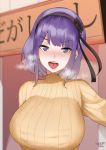  1girl black_flower black_hairband black_rose blush bow breasts breath commentary dagashi_kashi eyebrows_visible_through_hair flower hair_flower hair_ornament hairband highres large_breasts looking_at_viewer norman_maggot open_mouth purple_hair ribbed_sweater ringed_eyes rose shidare_hotaru short_hair sweater tongue turtleneck turtleneck_sweater violet_eyes yellow_sweater 