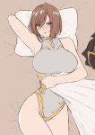  1girl apollonia_vaar arms_behind_head bare_shoulders bed_sheet blush breasts brown_hair commentary from_above granblue_fantasy green_eyes hair_between_eyes highres hips large_breasts leotard looking_at_viewer lying norman_maggot on_back on_bed pillow short_hair solo thighs 