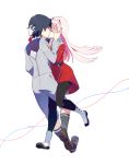  1boy 1girl bangs black_hair black_legwear boots brown_footwear closed_eyes commentary_request couple darling_in_the_franxx eyebrows_visible_through_hair face-to-face facing_another floating_hair forehead-to-forehead hair_ornament hairband hand_on_another&#039;s_arm hand_on_another&#039;s_face hand_on_another&#039;s_head hetero hiro_(darling_in_the_franxx) horns hug kiss leg_between_thighs long_hair long_sleeves military military_uniform necktie o0str0o one_leg_raised oni_horns orange_neckwear pantyhose pink_hair red_horns shoes short_hair socks uniform white_footwear white_hairband zero_two_(darling_in_the_franxx) 
