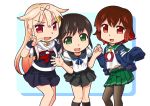  3girls aka-kabuto_no_gema black_hair black_legwear black_ribbon black_sailor_collar black_serafuku black_skirt blonde_hair blue_background brown_hair crescent crescent_moon_pin feet_out_of_frame fingerless_gloves fubuki_(kantai_collection) gloves gradient_hair green_eyes green_sailor_collar green_skirt hair_flaps hair_ornament hair_ribbon hairclip jacket kantai_collection long_hair looking_at_viewer low_ponytail multicolored_hair multiple_girls mutsuki_(kantai_collection) neckerchief pantyhose pleated_skirt ponytail red_eyes red_neckwear redhead remodel_(kantai_collection) ribbon sailor_collar scarf school_uniform serafuku short_hair short_ponytail sidelocks skirt sleeves_past_fingers two-tone_background white_background white_scarf yuudachi_(kantai_collection) 