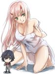  1boy 1girl bangs bare_arms bare_shoulders barefoot black_hair blue_eyes breasts brown_footwear cleavage collarbone commentary_request couple darling_in_the_franxx eyebrows_visible_through_hair fringe green_eyes hair_ornament hairband herozu_(xxhrd) hetero hiro_(darling_in_the_franxx) horns kneeling large_breasts lipstick long_hair long_sleeves looking_at_viewer makeup military military_uniform necktie nightgown oni_horns pink_hair red_horns red_neckwear shoes short_hair sleeveless socks strap_slip thighs tongue tongue_out uniform white_hairband zero_two_(darling_in_the_franxx) 