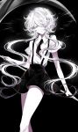  1other absurdres androgynous artist_name black_background black_nails black_neckwear black_skirt feet_out_of_frame ghost_quartz_(houseki_no_kuni) grey_eyes hair_over_one_eye head_tilt highres houseki_no_kuni long_hair low_twintails miniskirt nail_polish parted_lips sheya shirt short_sleeves signature silver_hair simple_background skirt sparkle standing suspender_skirt suspenders twintails white_shirt wing_collar 