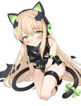  1girl animal_ears arm_strap arm_support bangs between_legs black_leotard blonde_hair blush bow breasts brown_hair cat_ear_headphones cat_ears cat_tail character_name damaged eyebrows_visible_through_hair girls_frontline gloves green_eyes groin hair_between_eyes hand_between_legs headphones highres leotard long_hair looking_at_viewer open_mouth ribbon sidelocks solo squatting tail thigh_strap thighs tmp_(girls_frontline) torn_clothes torone_(emerada121) very_long_hair 