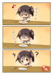  1girl 3koma ? absurdres blush brown brown_eyes closed_eyes comic food heart highres japanese_clothes kaga_(kantai_collection) kantai_collection long_hair musical_note plate pudding side_ponytail simple_background smile solo spoon taisa_(kari) tasuki translated 