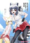  2girls animal_ears artist_name clouds common_raccoon_(kemono_friends) extra_ears fennec_(kemono_friends) fox_ears fox_tail grey_hair kemono_friends kuroba_dam millipen_(medium) multicolored_hair multiple_girls pantyhose pink_sweater raccoon_ears raccoon_tail rooftop skirt sky striped_tail sweater tail thigh-highs traditional_media translation_request 