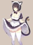  1girl animal_ears apron azur_lane bangs bell black_hair black_neckwear bob_cut bow bowtie breasts cat_ears cat_tail cleavage closed_mouth detached_collar dress dress_lift eyebrows_visible_through_hair feet_out_of_frame frilled_dress frilled_sleeves frills grey_background highres ikomochi jingle_bell lifted_by_self looking_at_viewer maid maid_headdress medium_breasts panties puffy_short_sleeves puffy_sleeves red_eyes see-through short_hair short_sleeves simple_background solo standing tail tail_bell thigh-highs underwear white_legwear white_panties wing_collar yamashiro_(azur_lane) 