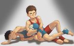  2boys beitemian black_hair brown_hair feet green_eyes highres male_focus multiple_boys on_ground original sweat wrestling wrestling_outfit 