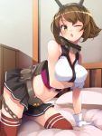  1girl arm_support bare_shoulders black_skirt blush breasts brown_hair chains erect_nipples flipped_hair gloves green_eyes headgear indoors kantai_collection kneeling large_breasts looking_at_viewer metal_belt miniskirt mofu_namako mutsu_(kantai_collection) navel on_bed one_eye_closed open_mouth pillow pleated_skirt red_legwear rigging skirt smokestack solo striped striped_legwear striped_skirt thigh-highs white_gloves 