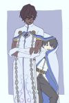  &lt;|&gt;_&lt;|&gt; 2boys :3 :d arjuna_(fate/grand_order) belt black_hair black_pants brown_hair cape closed_eyes crossed_arms dark-skin fate/grand_order fate_(series) fujimaru_ritsuka_(male) gloves hair_between_eyes height_difference highres jacket mi_(pic52pic) multiple_boys open_mouth pants purple_background simple_background smile standing white_cape white_gloves 