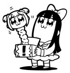  2girls :3 bangs bkub bow eyebrows_visible_through_hair greyscale hair_bow hair_ornament hair_scrunchie holding_object jack_in_the_box_(toy) long_hair looking_at_viewer monochrome multiple_girls pipimi poptepipic popuko school_uniform scrunchie serafuku shoes short_hair short_twintails sidelocks simple_background skirt twintails two_side_up white_background 