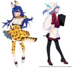  2girls ;d animal_ears backpack bag bare_shoulders bili_girl_22 bili_girl_33 bilibili_douga black_legwear blue_hair blush bow bowtie brown_bow brown_footwear cosplay drawing_tablet elbow_gloves extra_ears fang gloves hand_on_hip hat_feather head_tilt helmet high-waist_skirt holding holding_stylus index_finger_raised kaban_(kemono_friends) kaban_(kemono_friends)_(cosplay) kemono_friends loafers long_hair looking_at_viewer multiple_girls one_eye_closed open_mouth pantyhose pith_helmet print_gloves print_legwear print_neckwear print_skirt profile prophet_chu red_eyes red_shirt serval_(kemono_friends) serval_(kemono_friends)_(cosplay) serval_ears serval_print serval_tail shirt shoes short_shorts short_sleeves shorts simple_background skirt sleeveless sleeveless_shirt smile standing striped_tail stylus tablet tail thigh-highs very_long_hair white_background white_footwear white_shirt white_shorts 