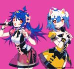  2girls :o \m/ ahoge animal_ears arm_up bangs bili_girl_22 bili_girl_33 bilibili_douga black_bow black_choker blue_hair blush bow breasts cat_ears choker collarbone eyebrows_visible_through_hair fang fingernails hair_between_eyes hair_bow hands_up holding holding_microphone long_hair microphone multiple_girls nail_polish open_mouth parted_lips pink_background pink_bow pink_nails prophet_chu puffy_short_sleeves puffy_sleeves red_eyes red_skirt see-through shirt short_sleeves simple_background skirt small_breasts underbust very_long_hair yellow_skirt 