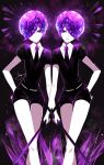 2others absurdres amethyst_(houseki_no_kuni) androgynous artist_name black_background black_neckwear black_shirt braid feet_out_of_frame hand_on_hip head_tilt highres holding holding_sword holding_weapon houseki_no_kuni looking_at_viewer multiple_others necktie parted_lips puffy_short_sleeves puffy_sleeves purple_hair sheya shirt short_hair short_sleeves signature smile sparkle standing sword very_short_hair violet_eyes weapon wing_collar 