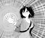  1girl carrying commentary_request crying crying_with_eyes_open energy frown greyscale grimace jacket life_is_strange long_sleeves max_caulfield monochrome motion_blur open_clothes open_jacket print_shirt sad shirt short_hair solo standing t-shirt tears upper_body yawaraka_black 