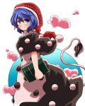  1girl blue_eyes blue_hair blush book capelet commentary doremy_sweet dream_soul dress hat layered_dress looking_at_viewer nightcap pom_pom_(clothes) short_hair smile solo tail tapir_tail touhou yasui_nori 