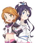  2girls :d black_hair black_shirt black_skirt blue_eyes bow brown_eyes brown_hair clenched_hand closed_mouth crop_top cure_black cure_white detached_sleeves earrings frilled_sleeves frills futari_wa_precure half_updo ixy jewelry locked_arms long_hair magical_girl midriff misumi_nagisa multiple_girls navel open_mouth pointing precure shirt short_hair short_sleeves skirt smile waving white_bow white_shirt white_skirt yukishiro_honoka 