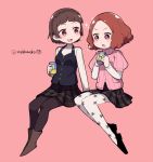  2girls black_hair braid brown_eyes brown_hair do_m_kaeru drink looking_at_viewer multiple_girls niijima_makoto okumura_haru persona persona_5 red_eyes short_hair skirt smile sparkling_eyes sweater 