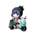  1girl blue_hair blush_stickers boots can drink gloves ground_vehicle hat highres jacket jitome kuena motor_vehicle no_mouth scarf scooter shima_rin sitting solo violet_eyes white_background winter_clothes yurucamp 