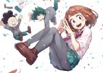  2boys 2girls :d black_hair black_legwear blazer bloodshot_eyes boku_no_hero_academia breasts brown_eyes brown_hair floating freckles full_body green_hair hagakure_tooru invisible jacket long_sleeves looking_at_viewer midoriya_izuku mineta_minoru multiple_boys multiple_girls necktie newey open_mouth pants pantyhose pervert pleated_skirt saliva school_uniform serafuku short_hair simple_background skirt sleeves_rolled_up smile thigh-highs uraraka_ochako white_background 