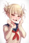  1girl bangs blonde_hair blunt_bangs boku_no_hero_academia double_bun eyebrows_visible_through_hair fangs half-closed_eyes highres jirofly long_sleeves looking_at_viewer open_mouth red_background sailor_collar school_uniform serafuku short_twintails simple_background smile solo teeth toga_himiko twintails white_background yellow_eyes 