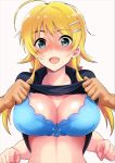  1girl ahoge bangs blonde_hair blue_bra blue_eyes blue_shirt blush bra breasts cleavage eyebrows_visible_through_hair full-face_blush grabbing hachimiya_meguru hair_ornament hairclip idolmaster idolmaster_shiny_colors large_breasts long_hair looking_at_viewer low_twintails open_mouth out_of_frame polo_shirt shiroyukimajima shirt shirt_lift simple_background smile solo_focus twintails underwear white_background 