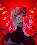  1girl blonde_hair bracelet dress fang fangs finger_to_mouth flandre_scarlet fua_yuu highres jewelry looking_at_viewer red_background red_dress red_eyes short_hair smile touhou wings 