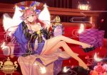  1girl animal_ears bare_shoulders bell bow breasts bug butterfly cleavage collarbone detached_sleeves fang fate/extra fate/grand_order fate_(series) flower fox_ears fox_tail guaizi hair_bow hair_ribbon highres indoors insect japanese_clothes jingle_bell large_breasts long_hair mirror multiple_tails open_mouth petals pink_hair red_flower red_rose ribbon rose rose_petals sitting solo suiten_nikkou_amaterasu_yanoshisu_ishi tail tamamo_(fate)_(all) tamamo_no_mae_(fate) very_long_hair yellow_eyes 